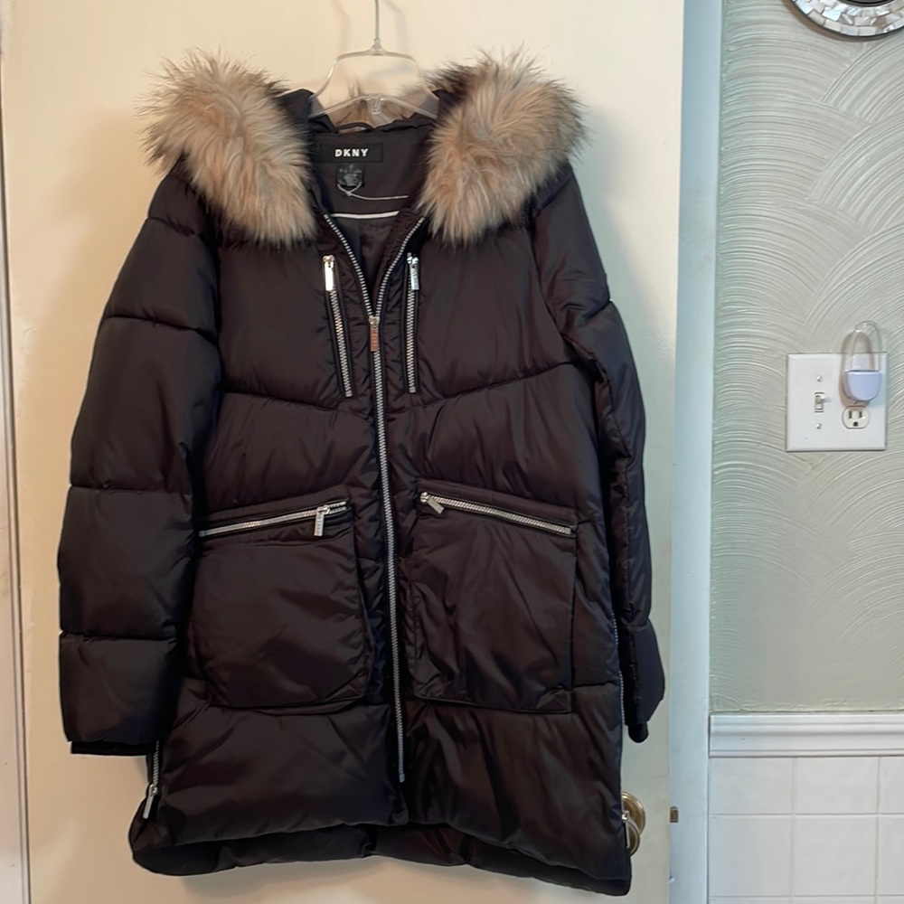 DKNY faux fur trimmed hooded puffer.